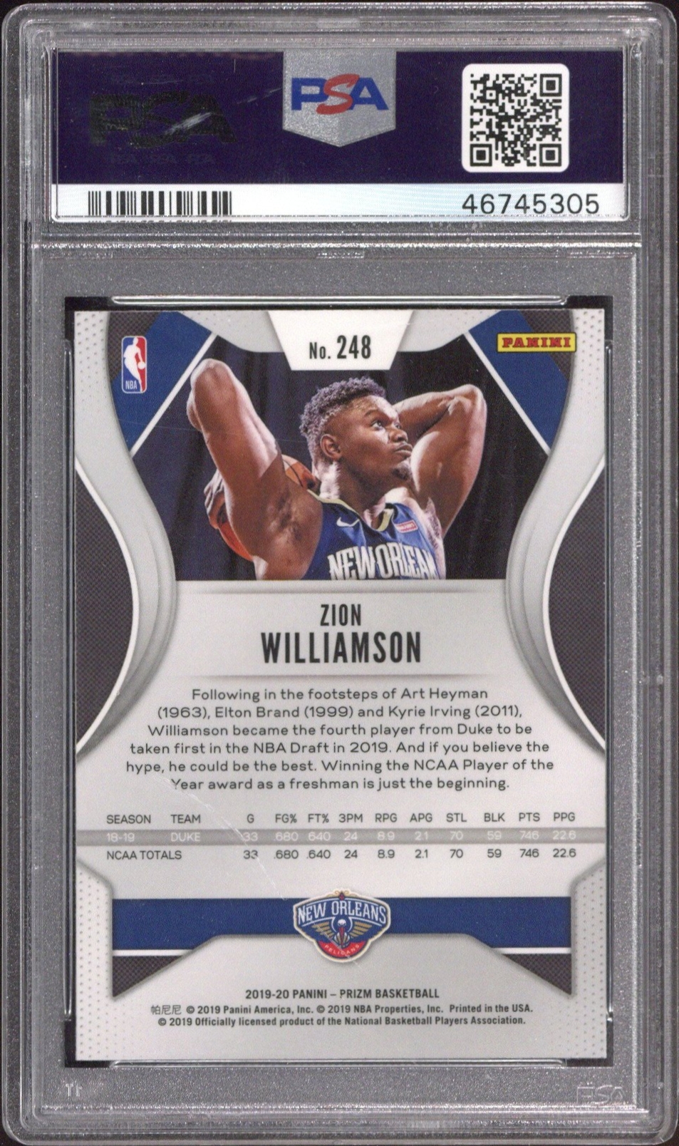 2019 Zion Williamson - Basketball Panini Prizm PSA 10 GEM MINT